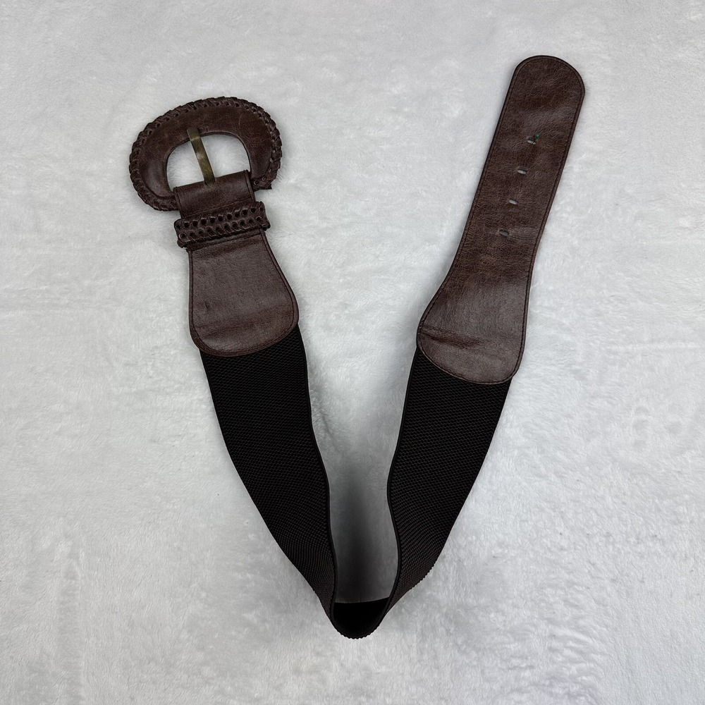 Elastic Faux Leather Belt Brown Wide 26" M‎